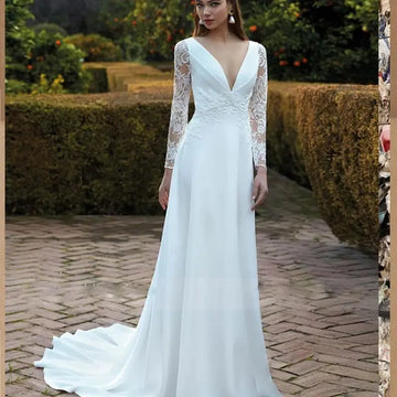 Runhufu A-Line Long Sleeve Wedding Dresses Sexy Deep V-Neck Chiffon Illusion Back Bridal Party Dress 2024 Plus Size Robe De Mariee